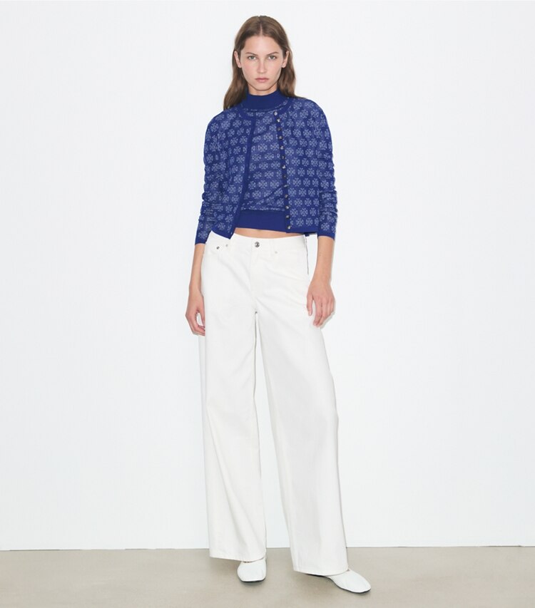 Tory Burch designer セーター Tモノグラム コットン カーディガン in Blue / Silver モデル前面