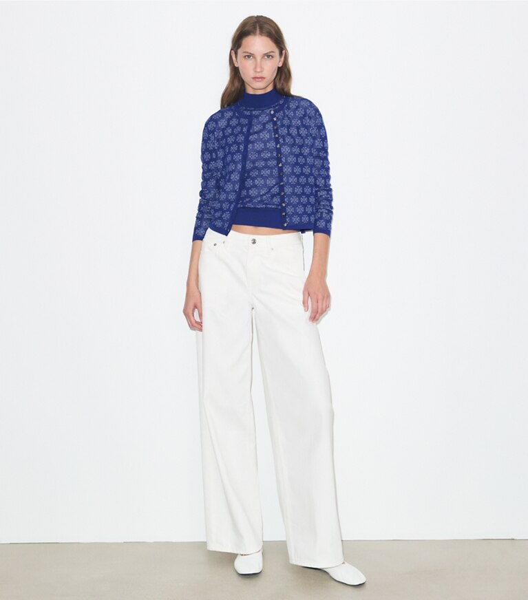 Tory Burch designer セーター Tモノグラム コットン カーディガン in Blue / Silver モデル前面