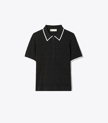 Tory Burch designer セーター Tモノグラム コットン ポインテール ジップポロシャツ in Black / White front