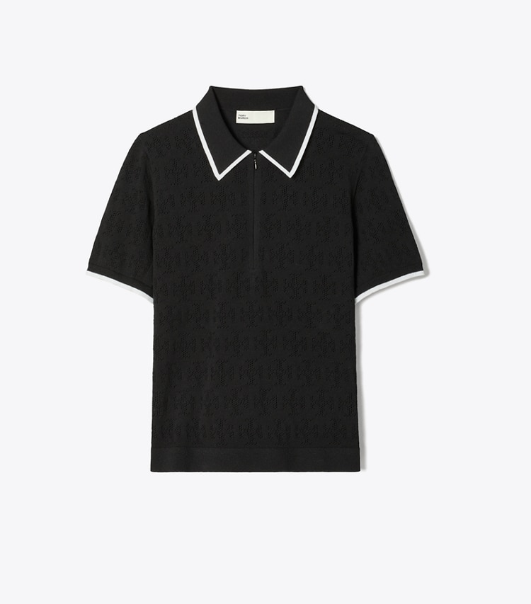 Tory Burch designer セーター Tモノグラム コットン ポインテール ジップポロシャツ in Black / White front