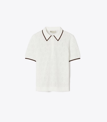Tory Burch designer セーター Tモノグラム コットン ポインテール ジップポロシャツ in White / Coffee front
