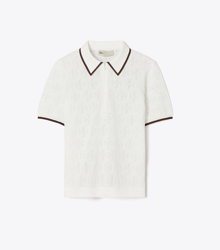 Tory Burch designer セーター Tモノグラム コットン ポインテール ジップポロシャツ in White / Coffee front