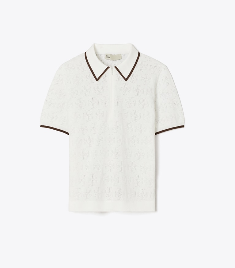 Tory Burch designer セーター Tモノグラム コットン ポインテール ジップポロシャツ in White / Coffee front