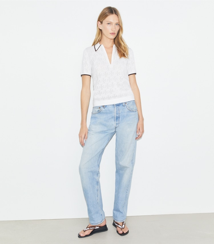 Tory Burch designer セーター Tモノグラム コットン ポインテール ジップポロシャツ in White / Coffee モデル前面
