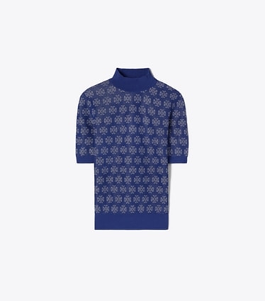 Tory Burch designer セーター Tモノグラム コットン プルオーバー in Blue / Silver front