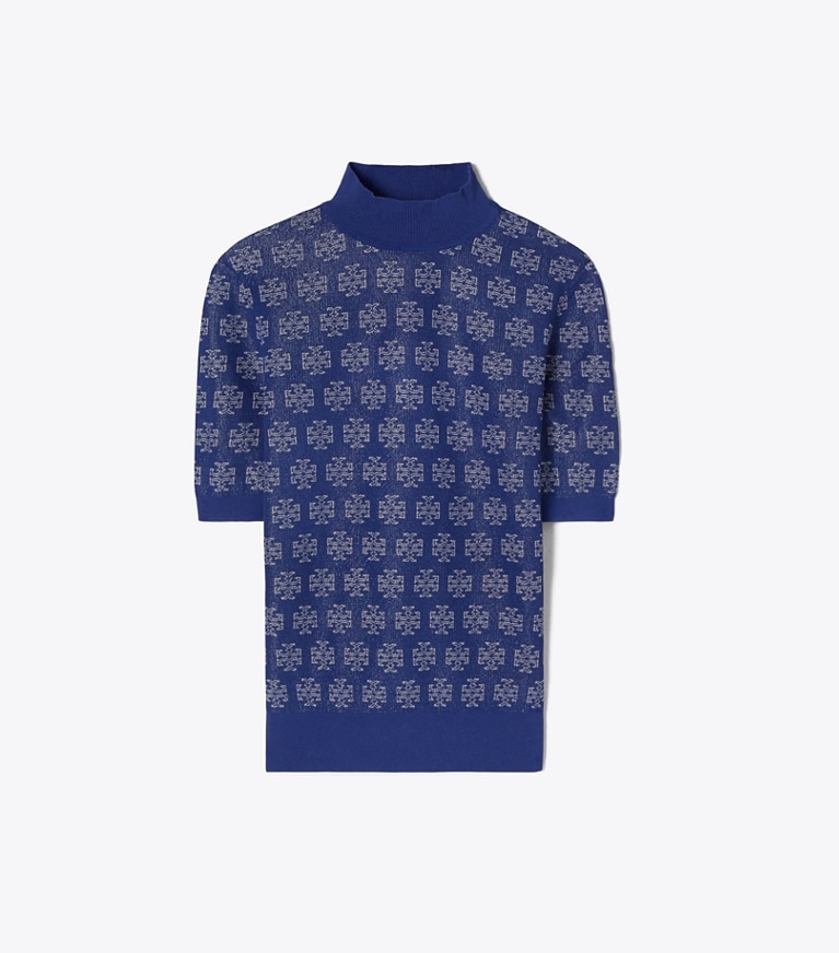 Tory Burch designer セーター Tモノグラム コットン プルオーバー in Blue / Silver front