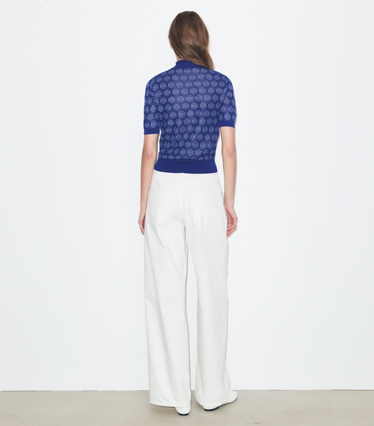 Tory Burch designer セーター Tモノグラム コットン プルオーバー in Blue / Silver on model back