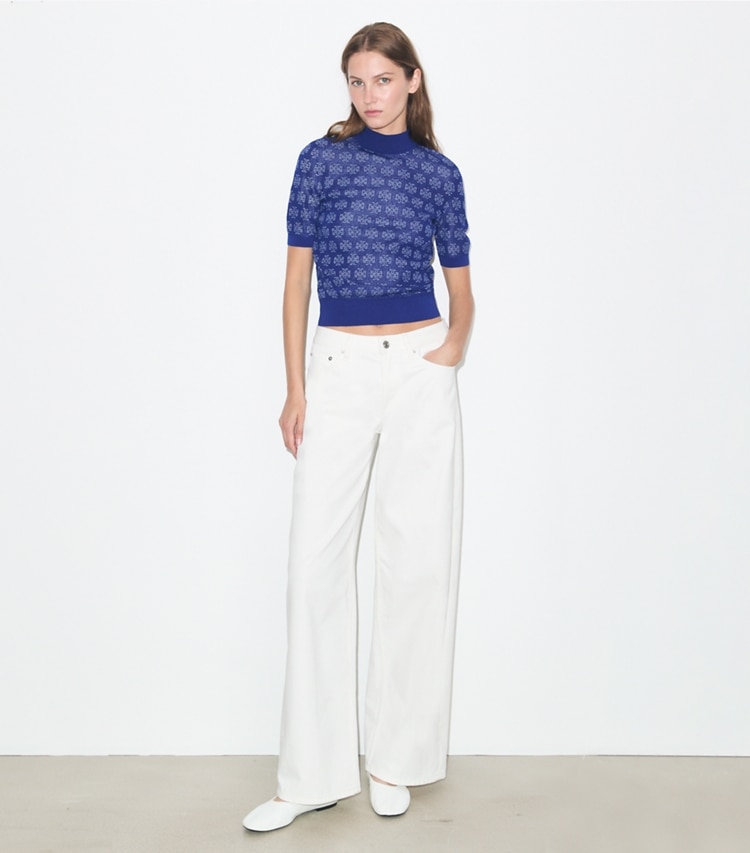 Tory Burch designer セーター Tモノグラム コットン プルオーバー in Blue / Silver モデル前面