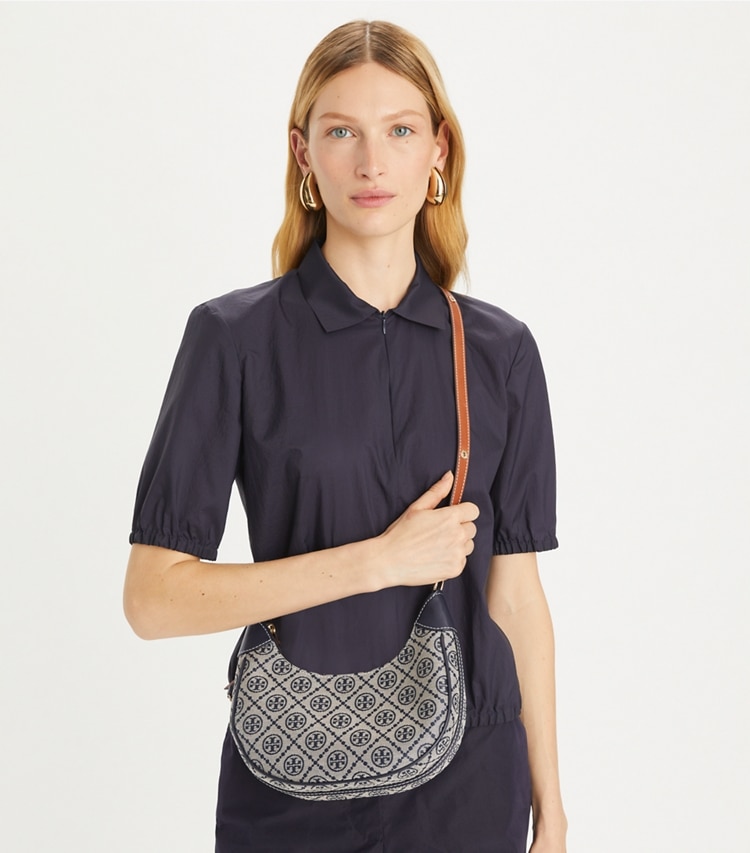 Tory Burch designer shoulder bags T Monogram Crescent Bag in Tory Navy accessory on model