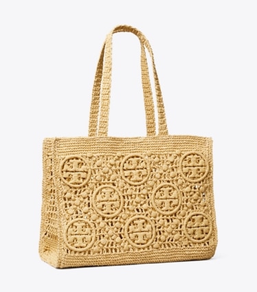 Tory Burch designer tote bags T Monogram Crochet Tote in Natural angle