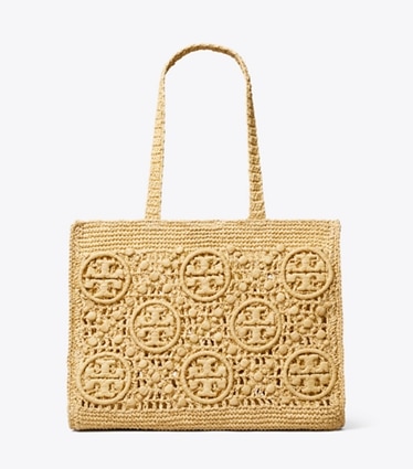 Tory Burch designer tote bags T Monogram Crochet Tote in Natural front