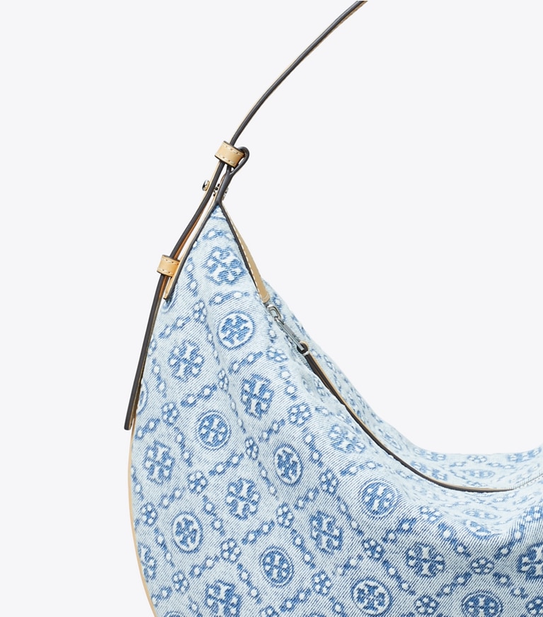 Tory Burch designer hobo bags T Monogram Denim Balloon Bag in Powder Blue angle