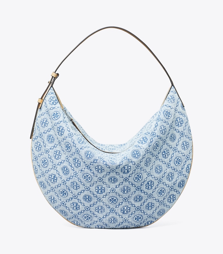 Tory Burch designer hobo bags T Monogram Denim Balloon Bag in Powder Blue angle
