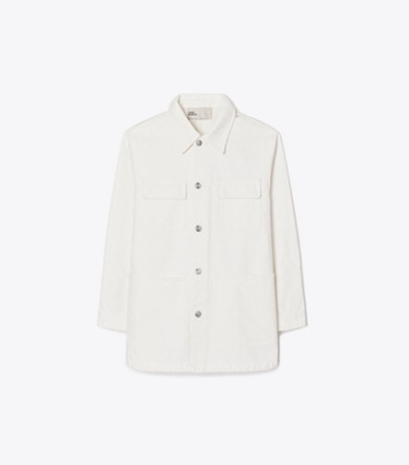 Tory Burch designer jackets T Monogram Denim Barn Jacket in Off-white / White T Monogram front