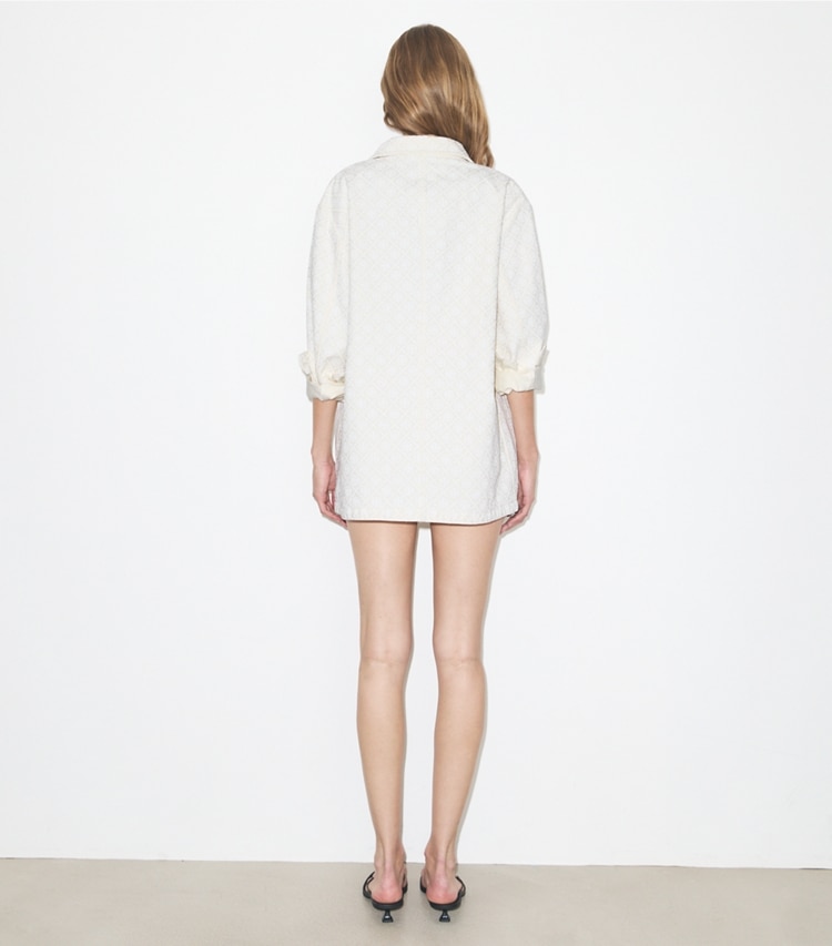 Tory Burch designer jackets T Monogram Denim Barn Jacket in Off-white / White T Monogram on model back