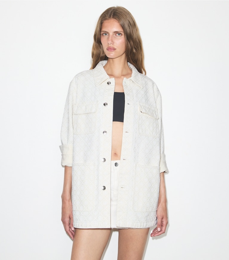 Tory Burch designer jackets T Monogram Denim Barn Jacket in Off-white / White T Monogram on model detail