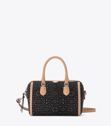 Tory Burch designer バックパック Tモノグラム デニム バレルバッグ in BLACK front