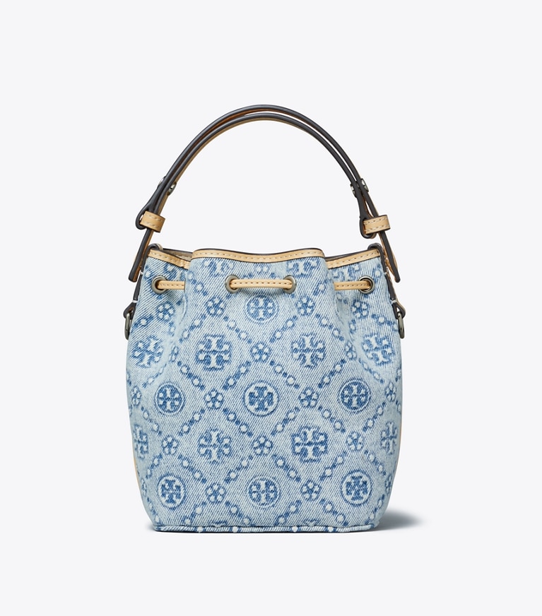Tory Burch designer crossbody bags T Monogram Denim Bucket Bag in Powder Blue angle