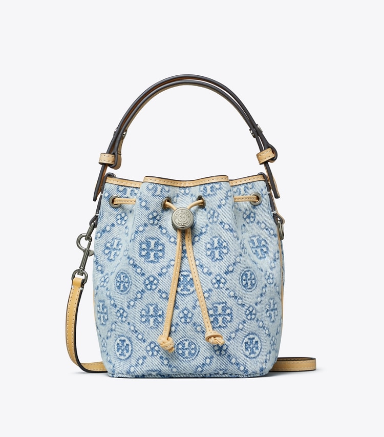 Tory Burch designer crossbody bags T Monogram Denim Bucket Bag in Powder Blue front