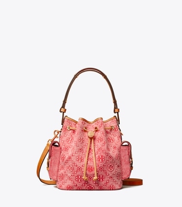 Tory Burch designer crossbody bags T Monogram Denim Bucket Bag in Brilliant Red front