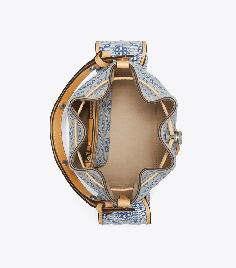 Tory Burch designer クロスボディバッグ Tモノグラム デニム バケットバッグ in Powder Blue オーバーヘッド