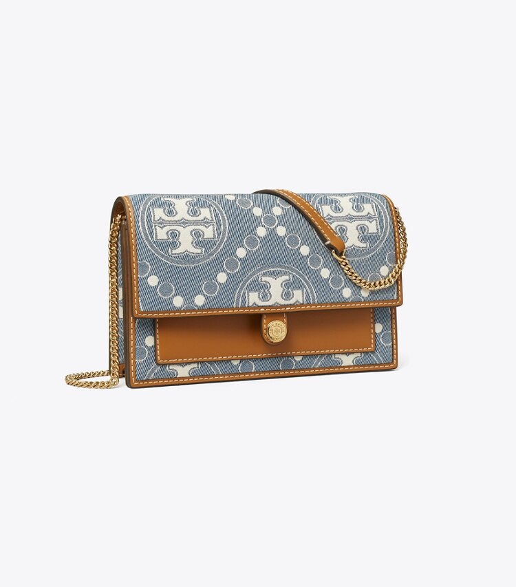 T Monogram Denim Chain Wallet Women's Designer Mini Bags Tory Burch