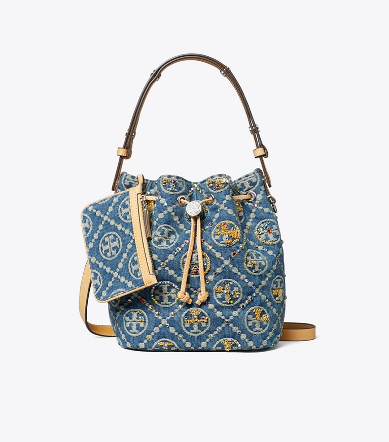Tory Burch designer crossbody bags T Monogram Denim Embellished Bucket Bag in Deep Royal additional