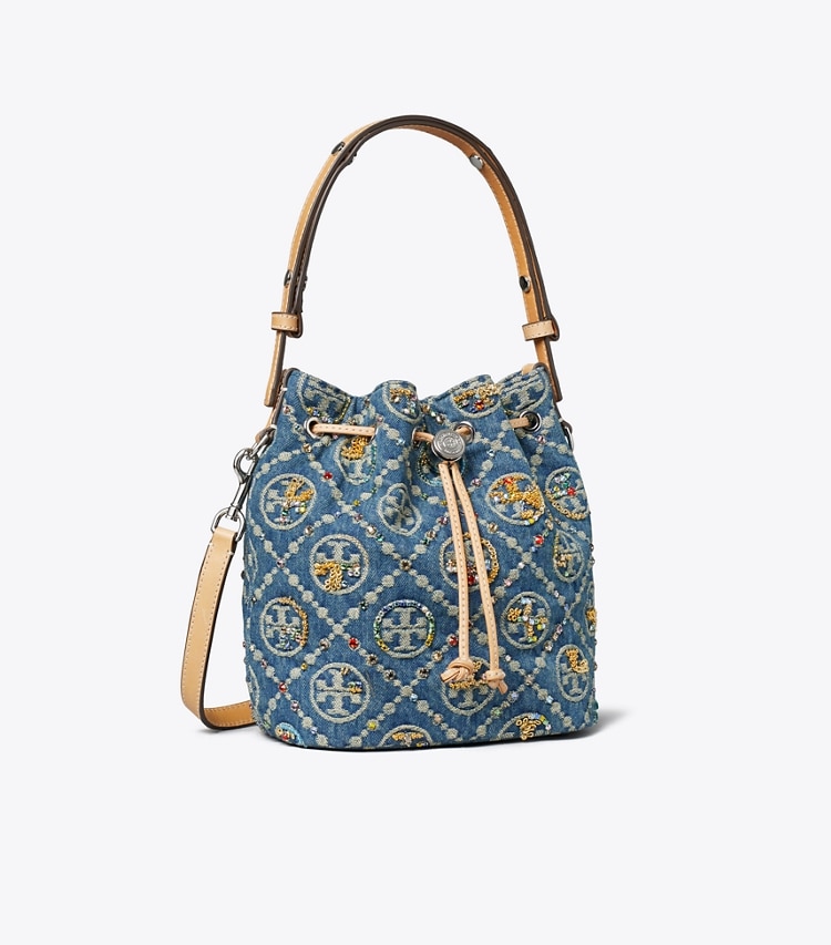 Tory Burch designer crossbody bags T Monogram Denim Embellished Bucket Bag in Deep Royal angle