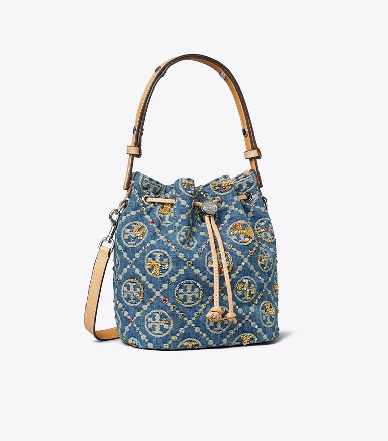 Tory Burch designer crossbody bags T Monogram Denim Embellished Bucket Bag in Deep Royal angle