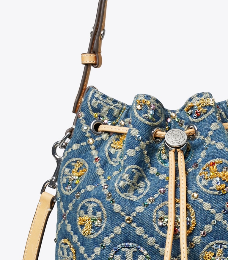 Tory Burch designer crossbody bags T Monogram Denim Embellished Bucket Bag in Deep Royal detail