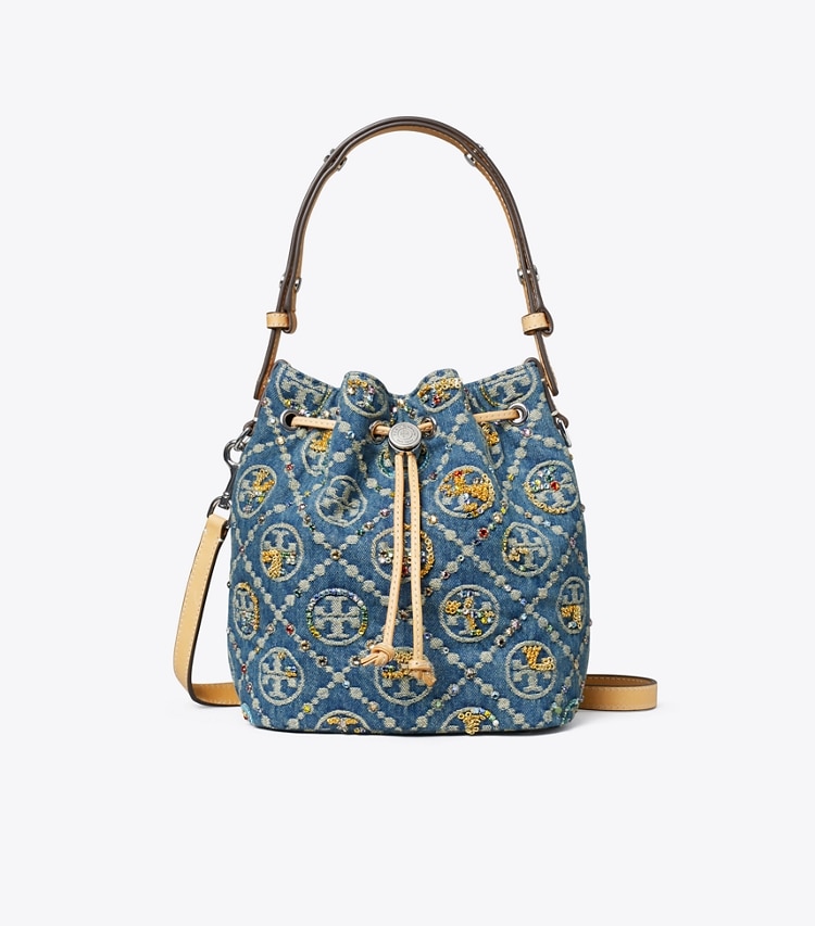 Tory Burch designer crossbody bags T Monogram Denim Embellished Bucket Bag in Deep Royal front