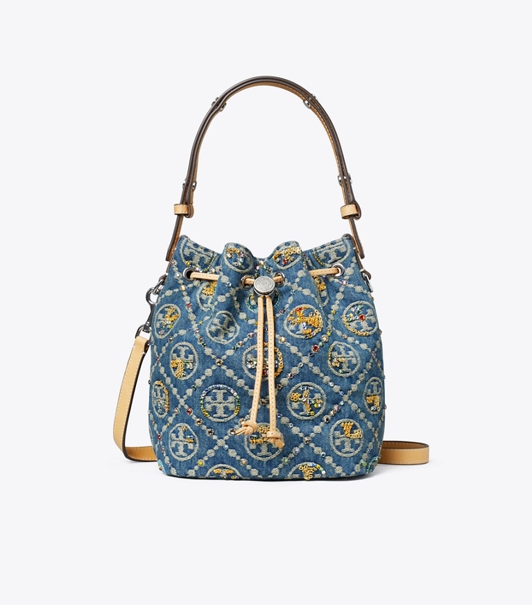 Tory Burch designer crossbody bags T Monogram Denim Embellished Bucket Bag in Deep Royal front