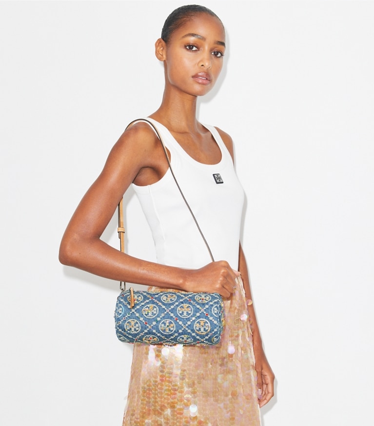 Tory Burch designer shoulder bags T Monogram Denim Embellished Cylinder Bag in Boat House angle
