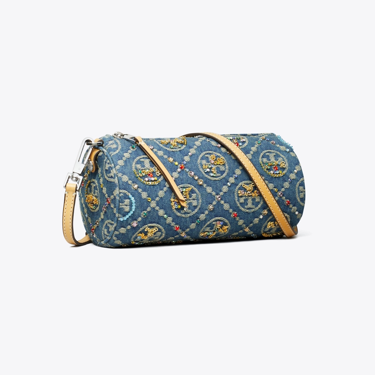 T Monogram Denim Embellished Cylinder Bag: Women's Designer
