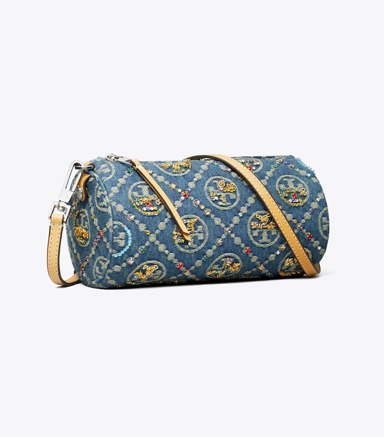 Tory Burch designer shoulder bags T Monogram Denim Embellished Cylinder Bag in Boat House angle