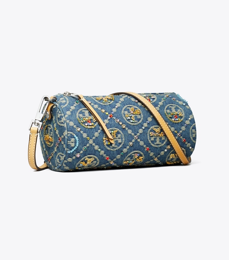 Tory Burch designer shoulder bags T Monogram Denim Embellished Cylinder Bag in Boat House angle