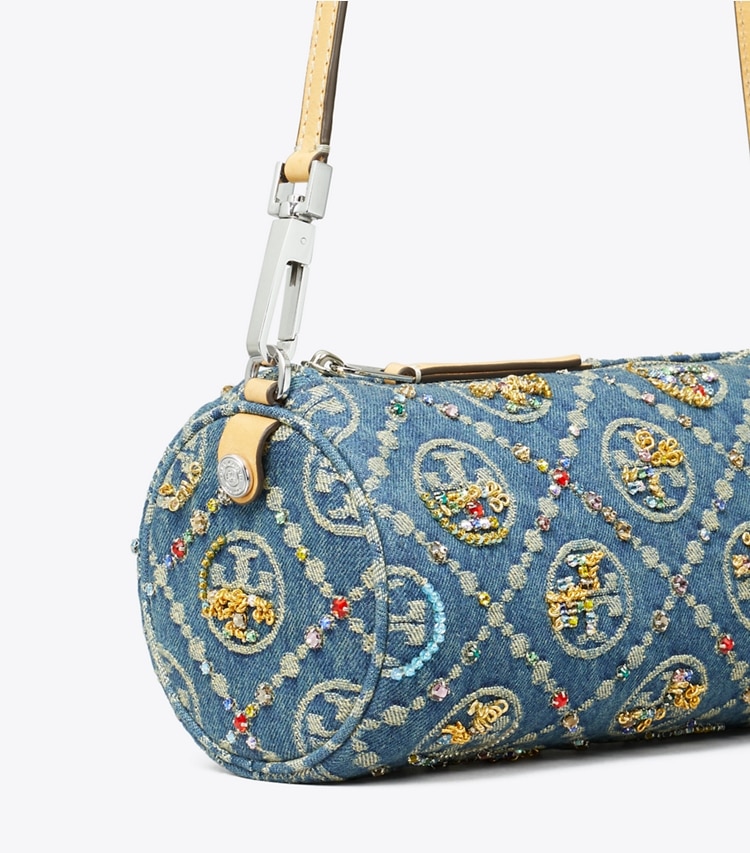 Tory Burch designer shoulder bags T Monogram Denim Embellished Cylinder Bag in Boat House detail