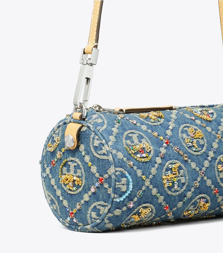 Tory Burch designer shoulder bags T Monogram Denim Embellished Cylinder Bag in Boat House angle