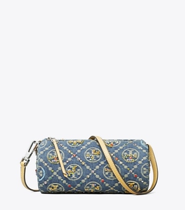 Tory Burch designer shoulder bags T Monogram Denim Embellished Cylinder Bag in Boat House front