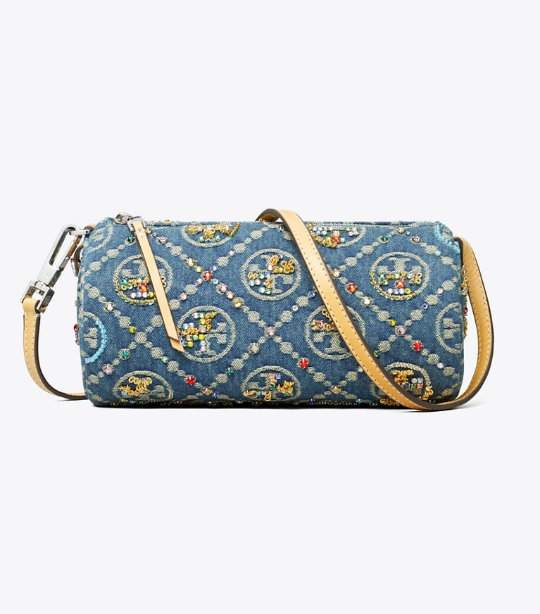 Tory Burch designer shoulder bags T Monogram Denim Embellished Cylinder Bag in Boat House angle
