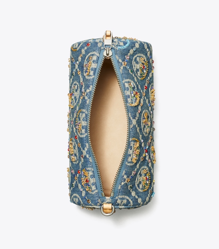 Tory Burch designer shoulder bags T Monogram Denim Embellished Cylinder Bag in Boat House angle