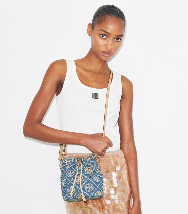 Tory Burch designer crossbody bags T Monogram Denim Embellished Mini Bucket Bag in Boat House angle