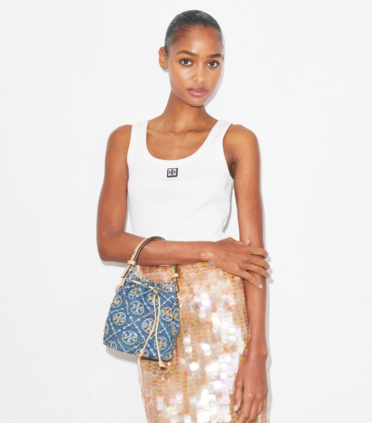 Tory Burch designer crossbody bags T Monogram Denim Embellished Mini Bucket Bag in Boat House angle