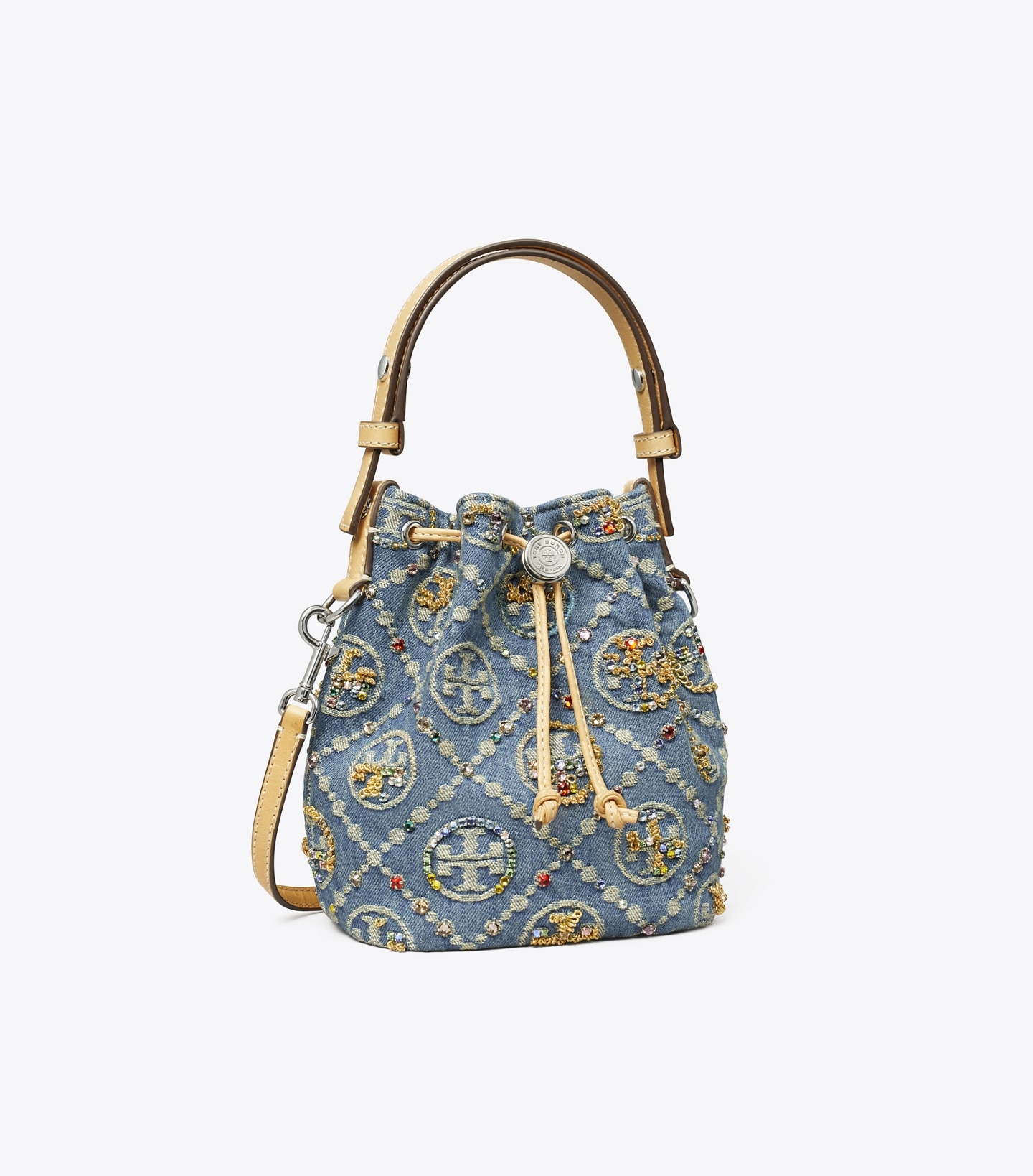 T Monogram Denim Embellished Mini Bucket Bag