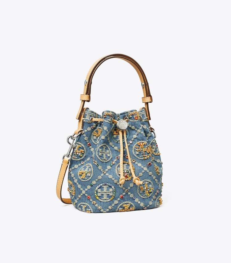 Tory Burch designer crossbody bags T Monogram Denim Embellished Mini Bucket Bag in Boat House angle