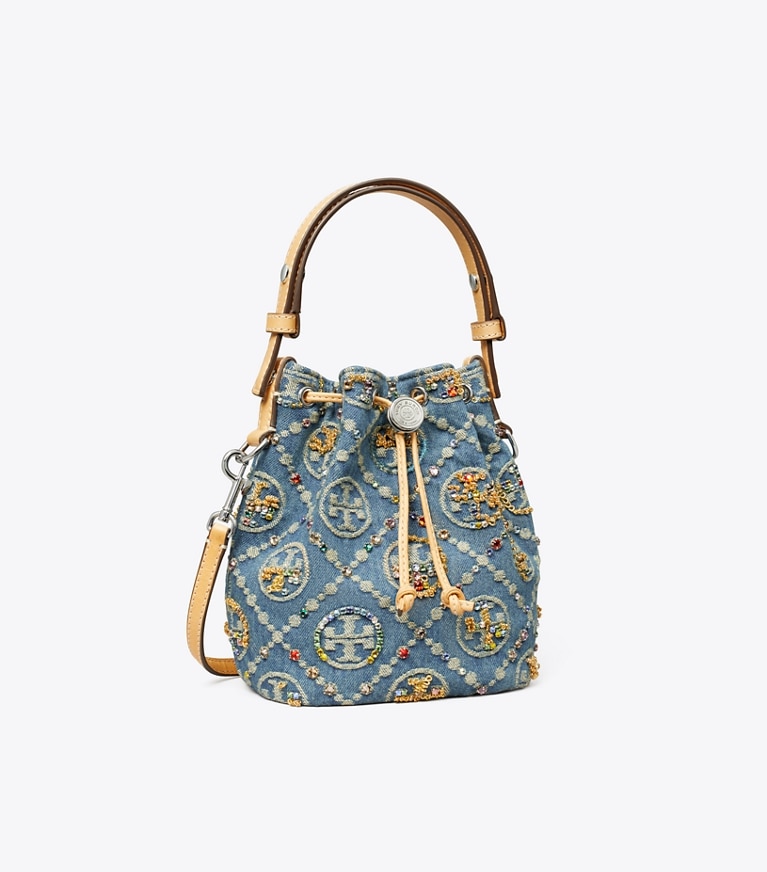 Tory Burch designer crossbody bags T Monogram Denim Embellished Mini Bucket Bag in Boat House angle