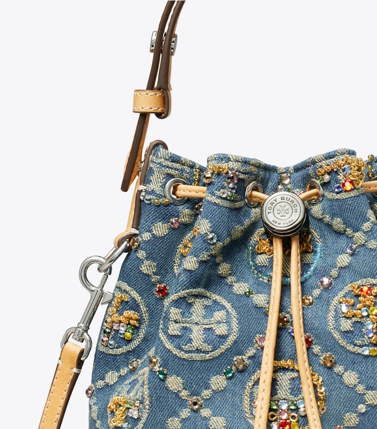 Tory Burch designer crossbody bags T Monogram Denim Embellished Mini Bucket Bag in Boat House angle