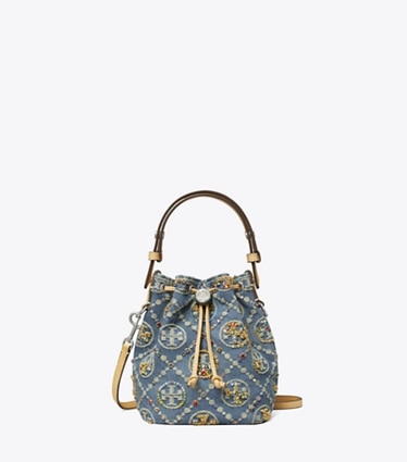 Tory Burch designer crossbody bags T Monogram Denim Embellished Mini Bucket Bag in Boat House front