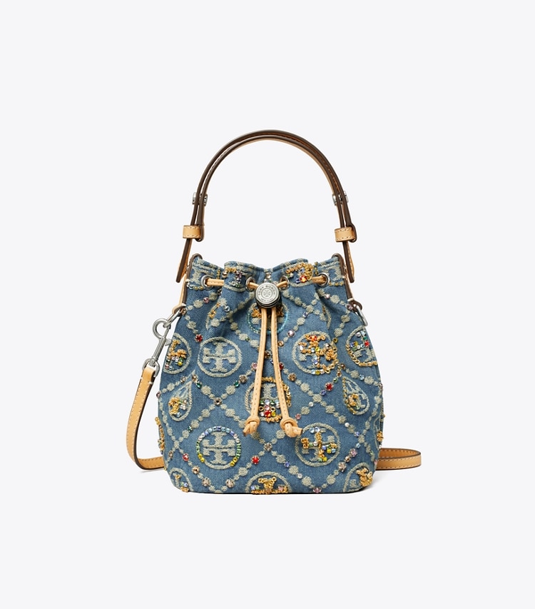 Tory Burch designer crossbody bags T Monogram Denim Embellished Mini Bucket Bag in Boat House front