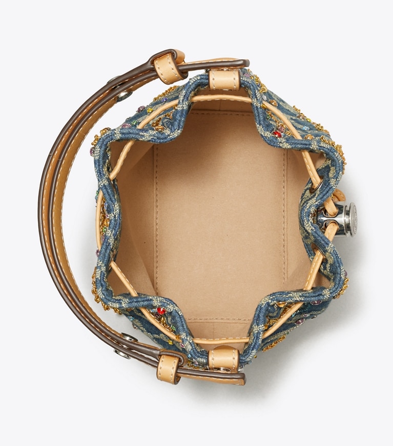 Tory Burch designer crossbody bags T Monogram Denim Embellished Mini Bucket Bag in Boat House angle